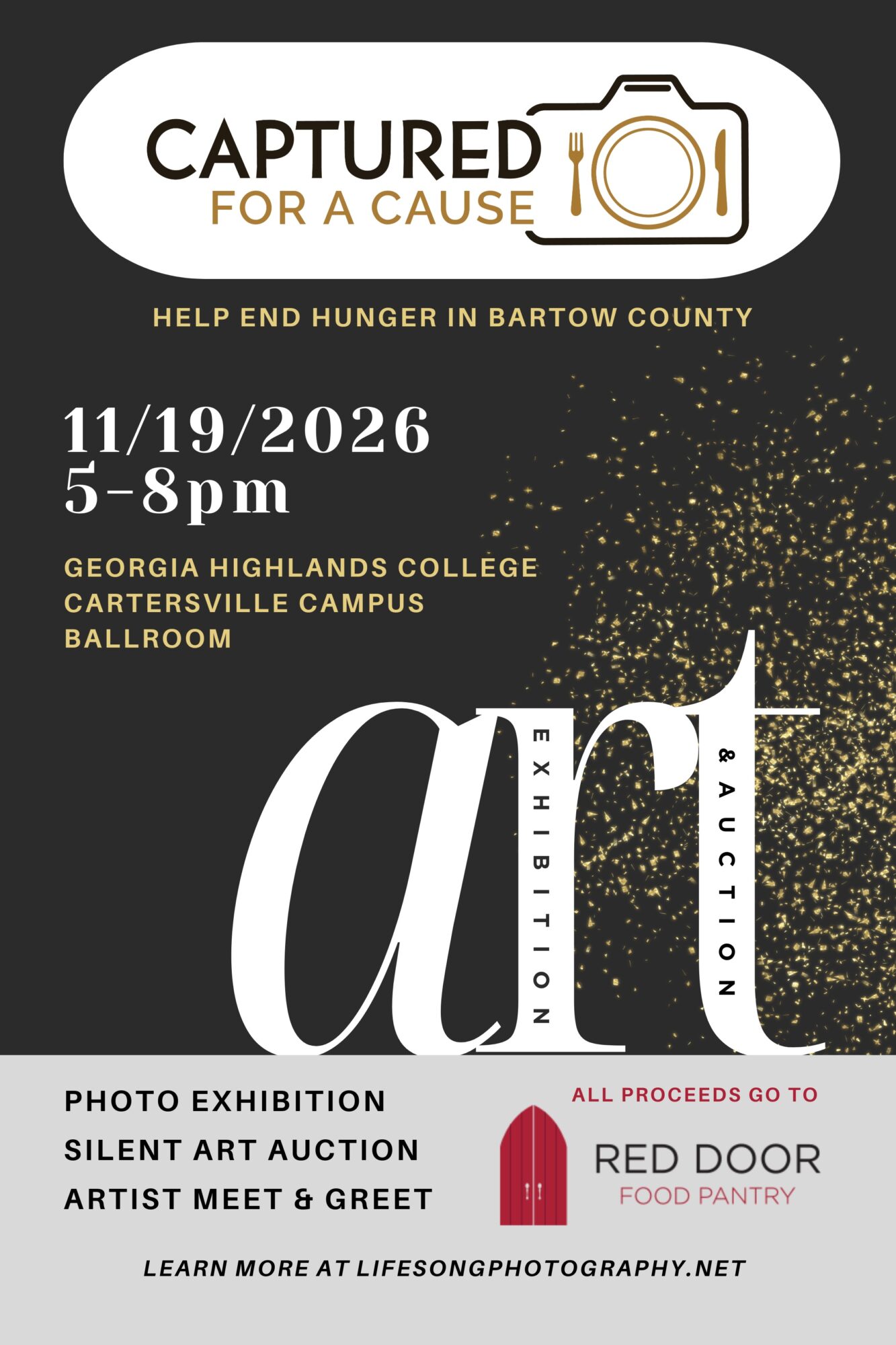 Event poster for a charity auction and art exhibition at Georgia Highlands College on November 19, 2026, from 5 to 8 pm.