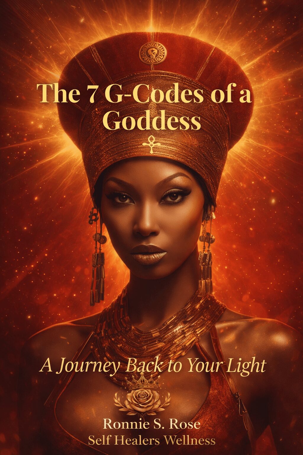 Portrait of a woman wearing a large headdress and jewelry, with a glowing background and text overlay.