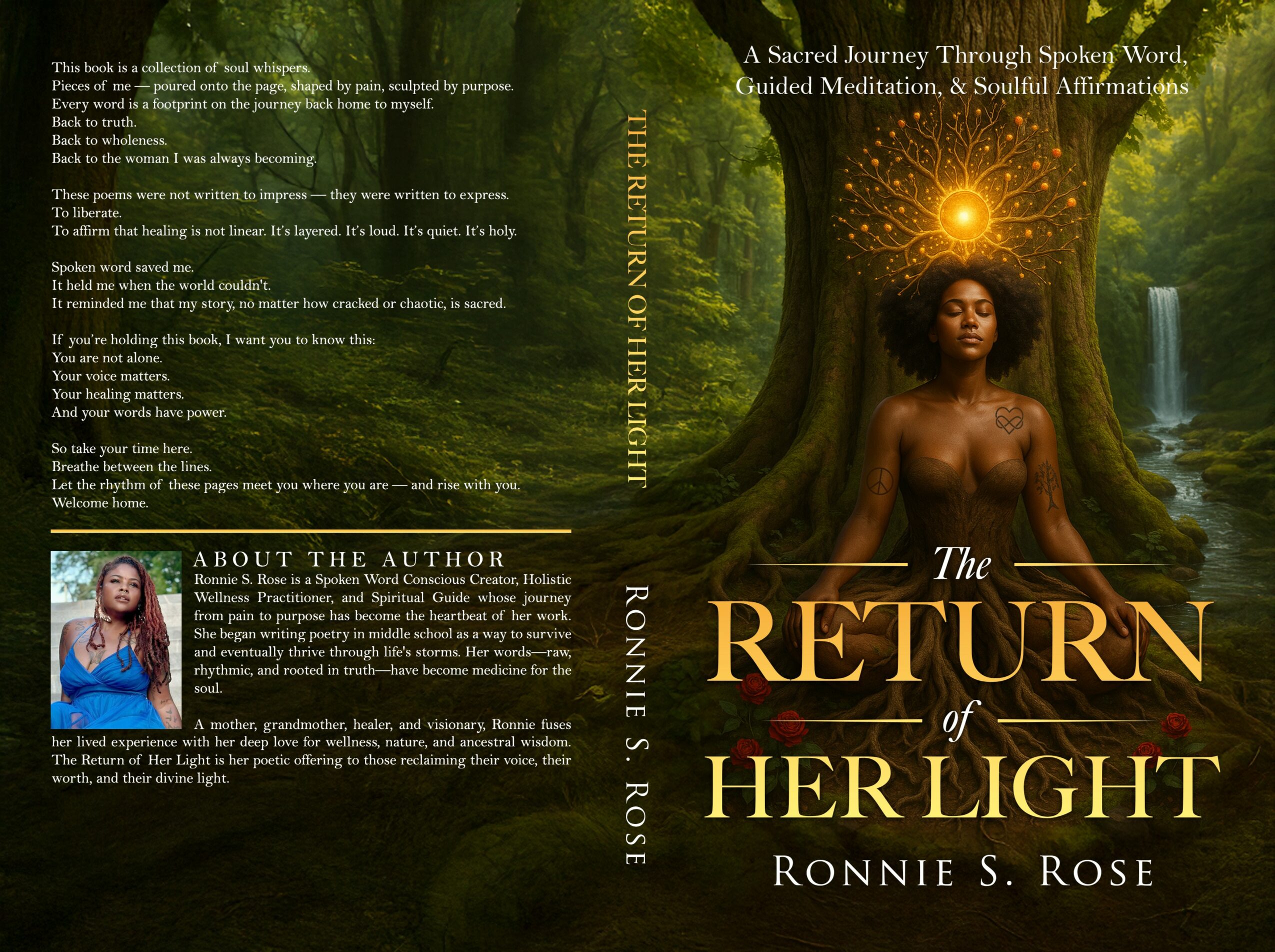 Book cover with a woman sitting under a large tree with sunlight, waterfall, and forest background, titled 'The Return of Her Light'.