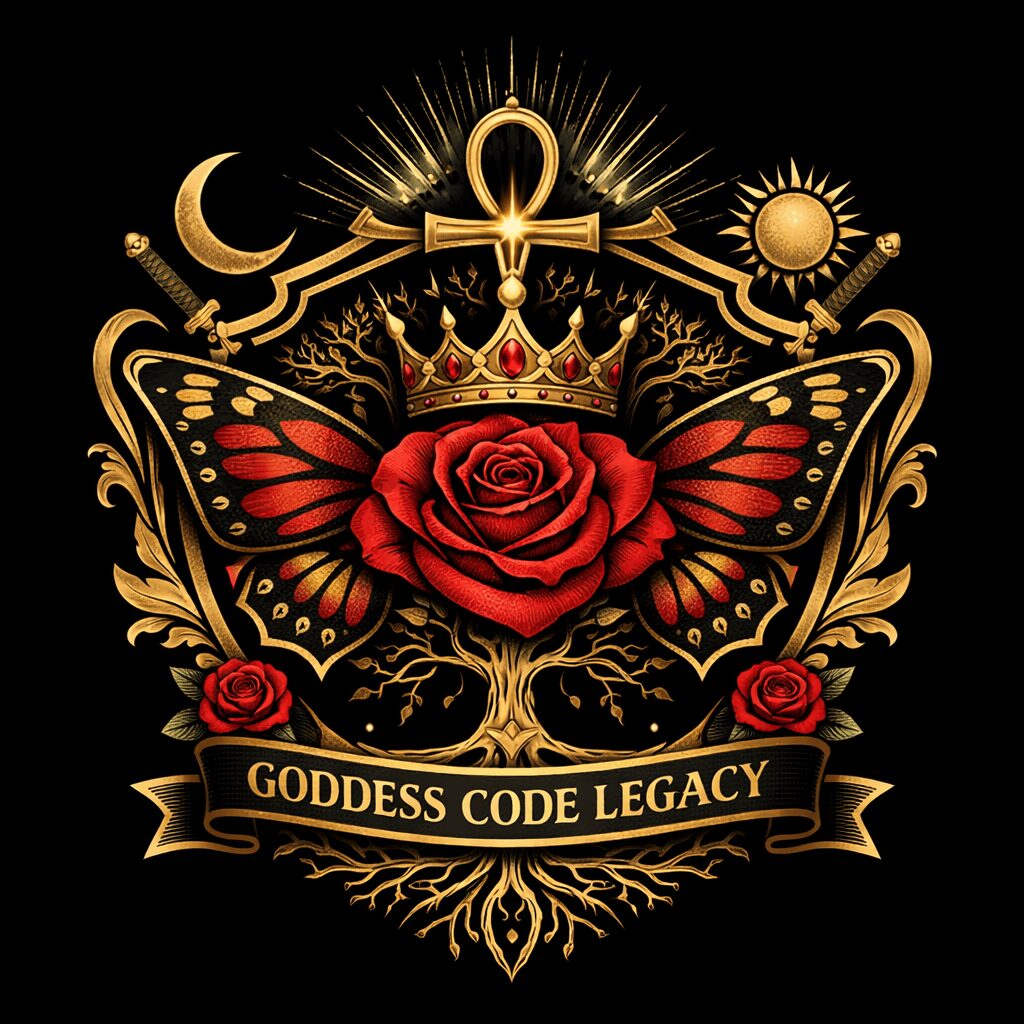 Design with a crown, butterfly, rose, anchor, moon, sun, and swords, with a banner reading 'Goddess Code Legacy'.