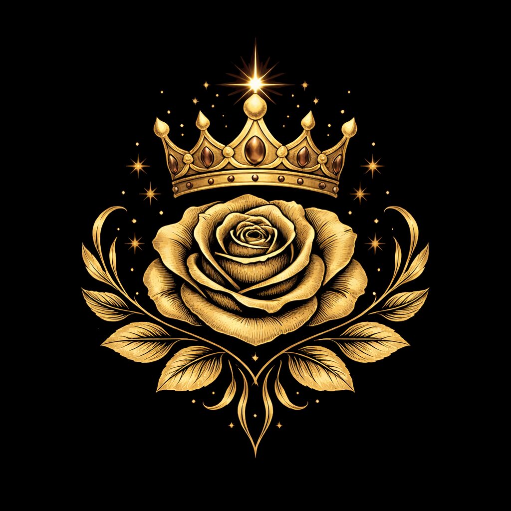 Golden crown above a detailed gold rose with leaves, set against a black background.