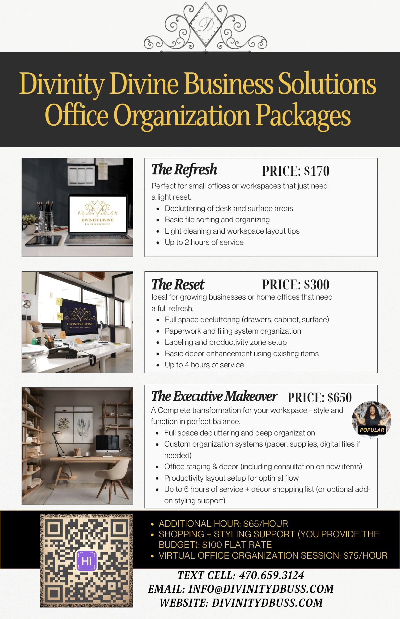 Brochure with black and gold header, images of office spaces, QR code, and contact information.