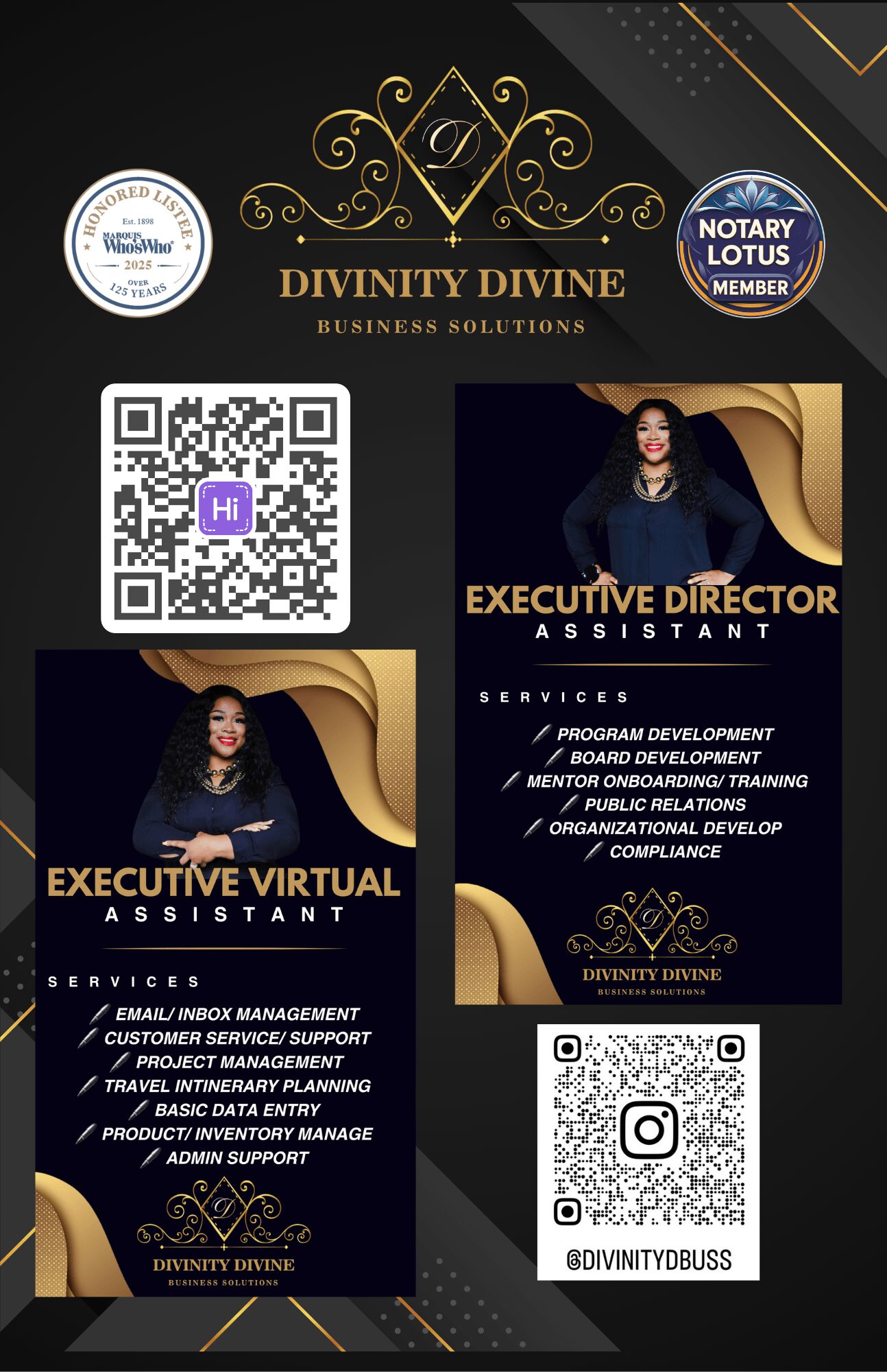 Business card with gold and black design, QR codes, and text for executive director and virtual assistant roles.