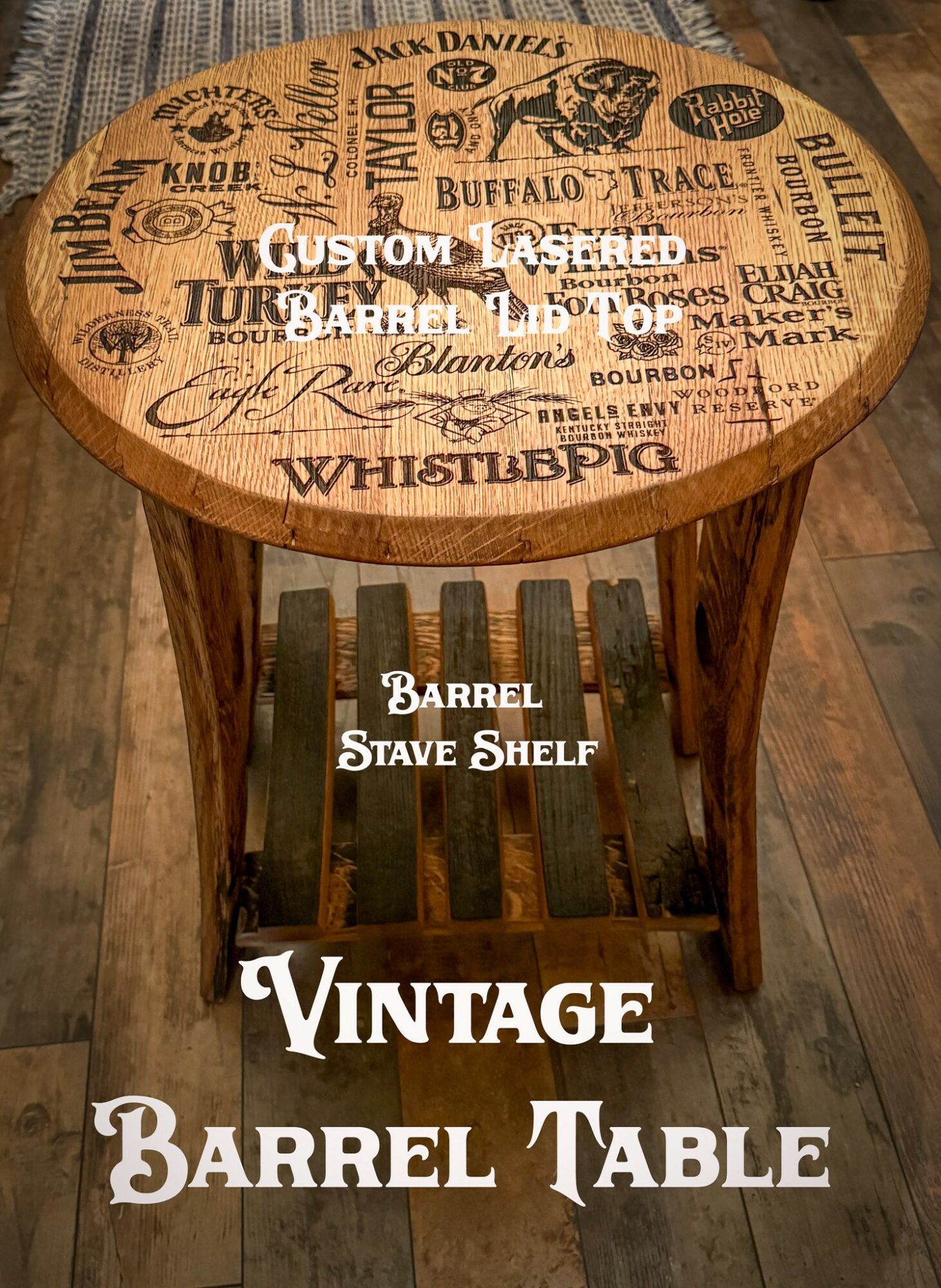 Round wooden barrel table with vintage whiskey labels on the surface and a slatted wooden shelf underneath.