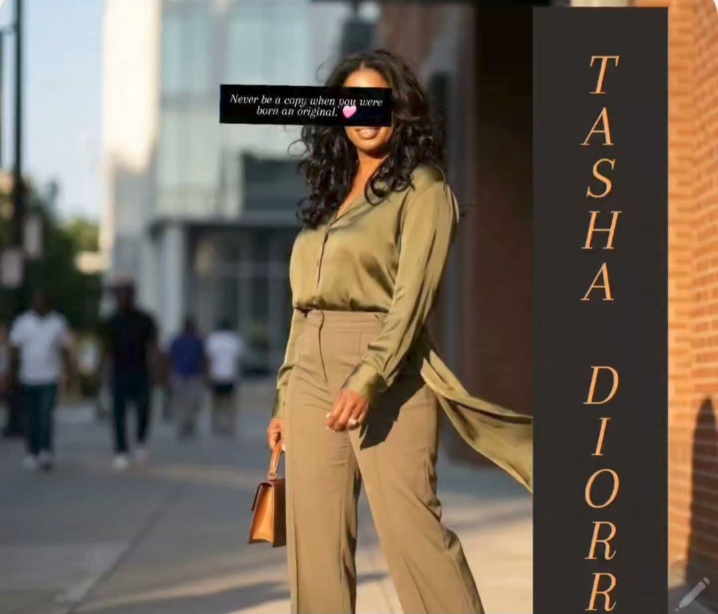 Woman in beige outfit walking on city sidewalk, holding a brown bag, with a vertical banner reading 'Tasha Dior'.