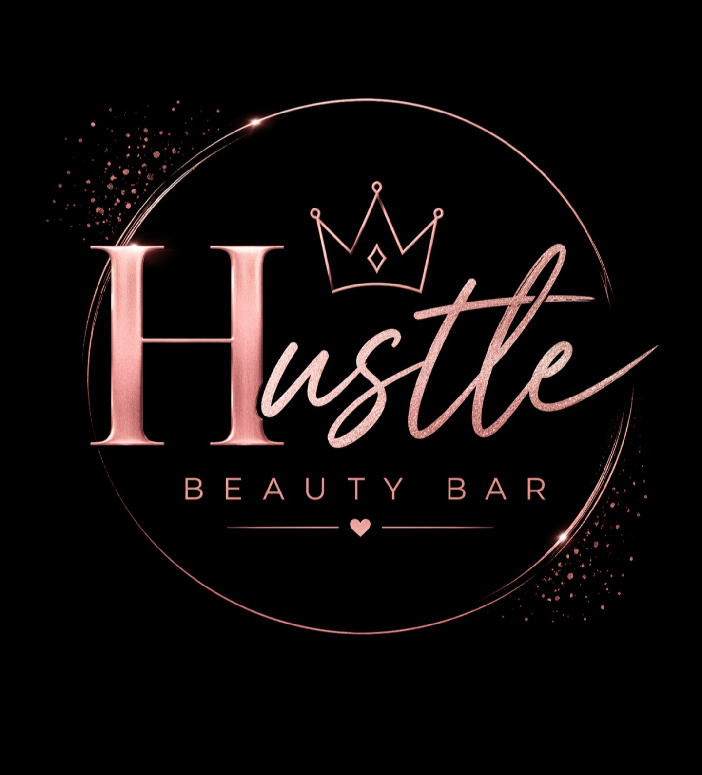 Logo with the words 'Hustle Beauty Bar' and a crown above the letter 'H', pink text on black background.