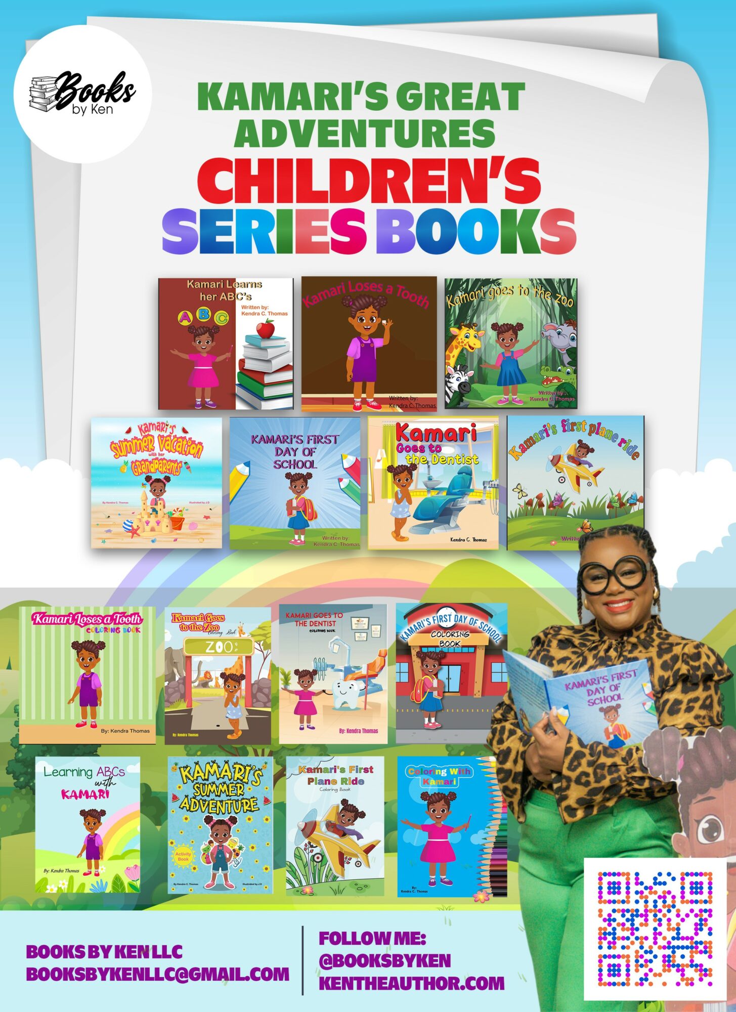 Children's book collection with colorful covers, a girl reading, and a woman smiling, set against a blue sky background.