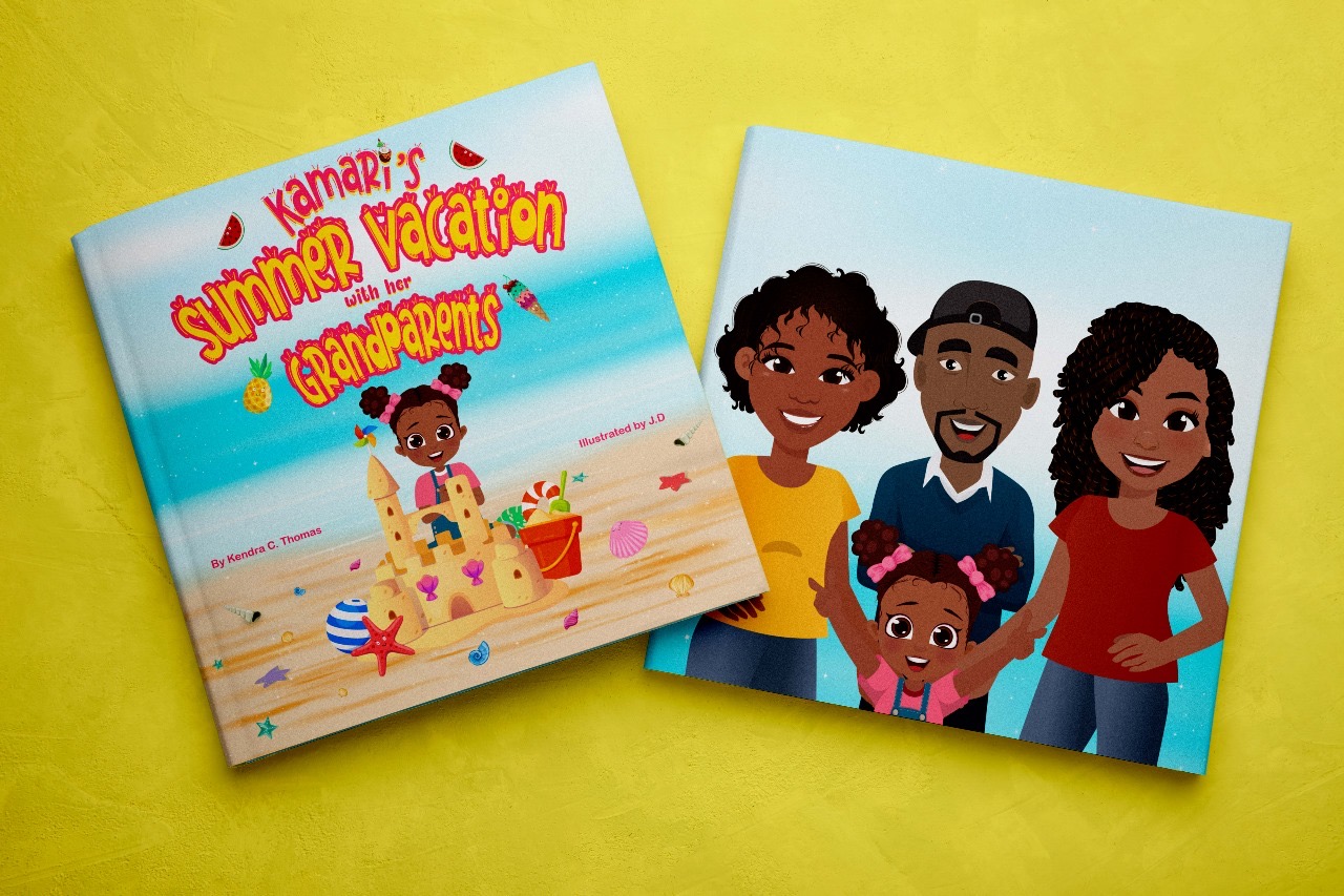 Book titled 'Kamar's Summer Vacation' with a beach scene, and a family photo with four people smiling.