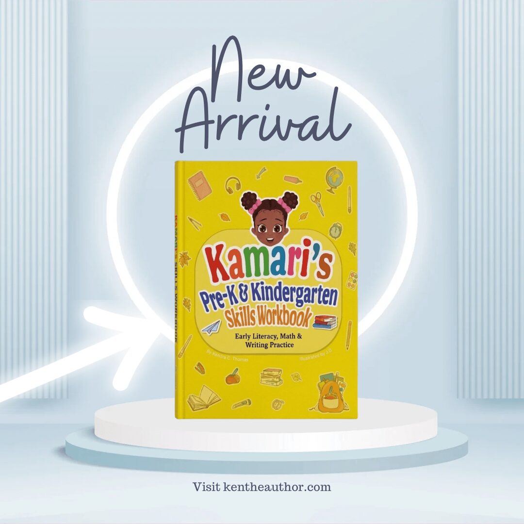 Yellow workbook titled 'Kamaris Pre-K & Kindergarten Skills Workbook' with a girl illustration, surrounded by school-related icons, on a white platform.