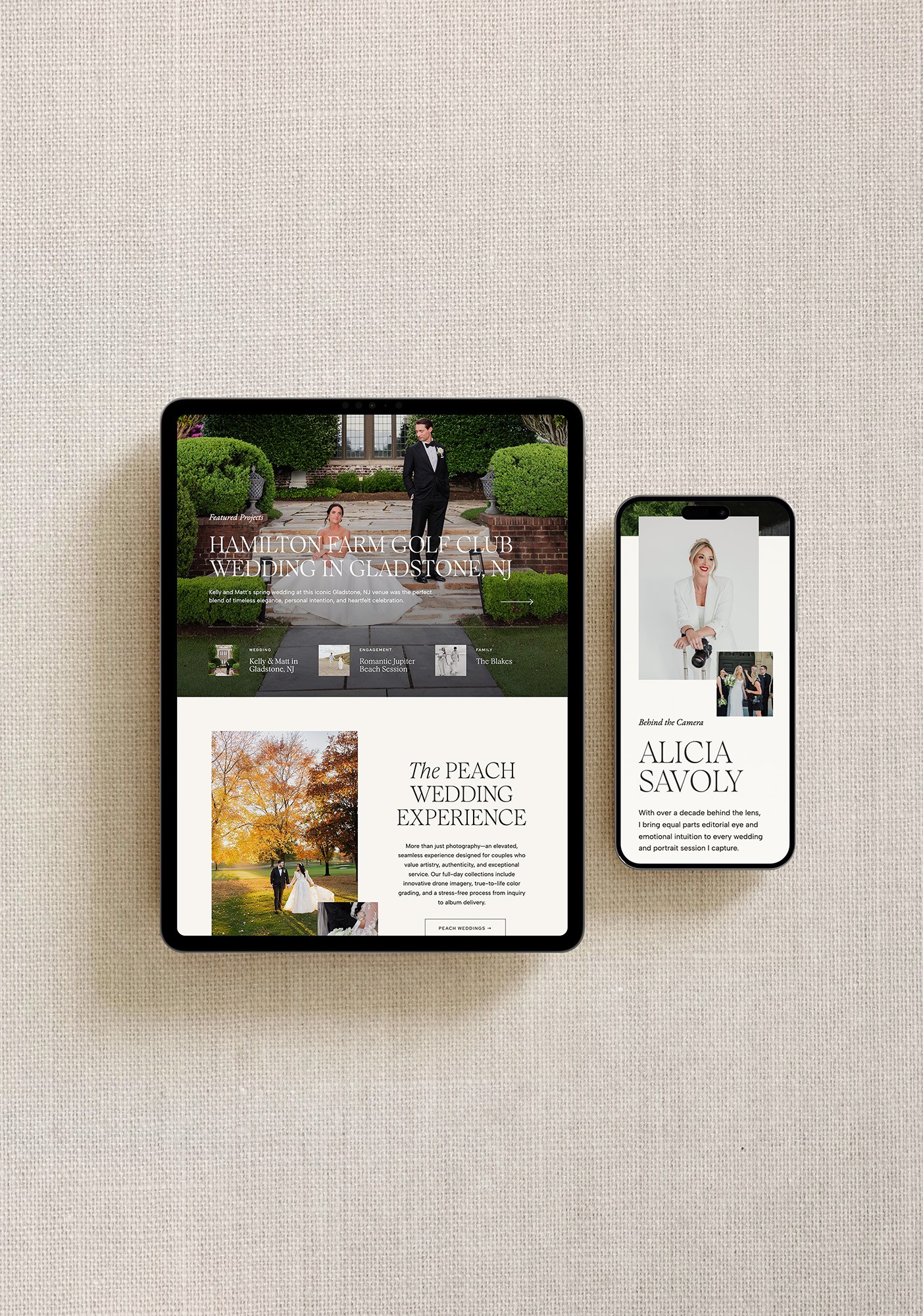 Tablet and smartphone displaying event and speaker information on a beige background.