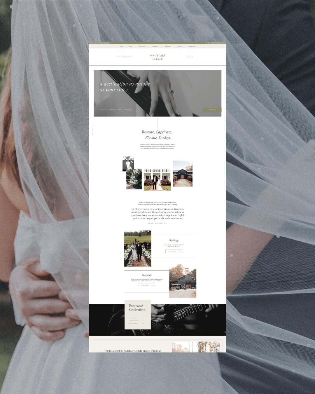 Person in wedding dress holding hands, veil flowing, outdoor setting, blurred background.