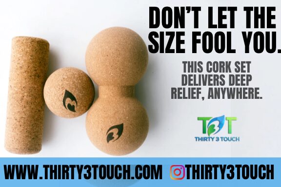 Set of cork massage balls and a cork roller with text about relief and a website link.