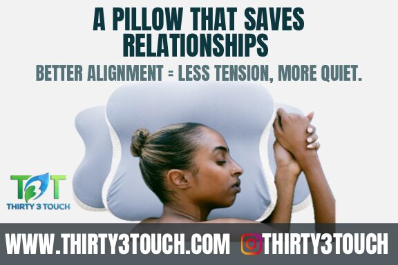 Woman lying on pillow with hands clasped, promoting pillow for better sleep and relationships.