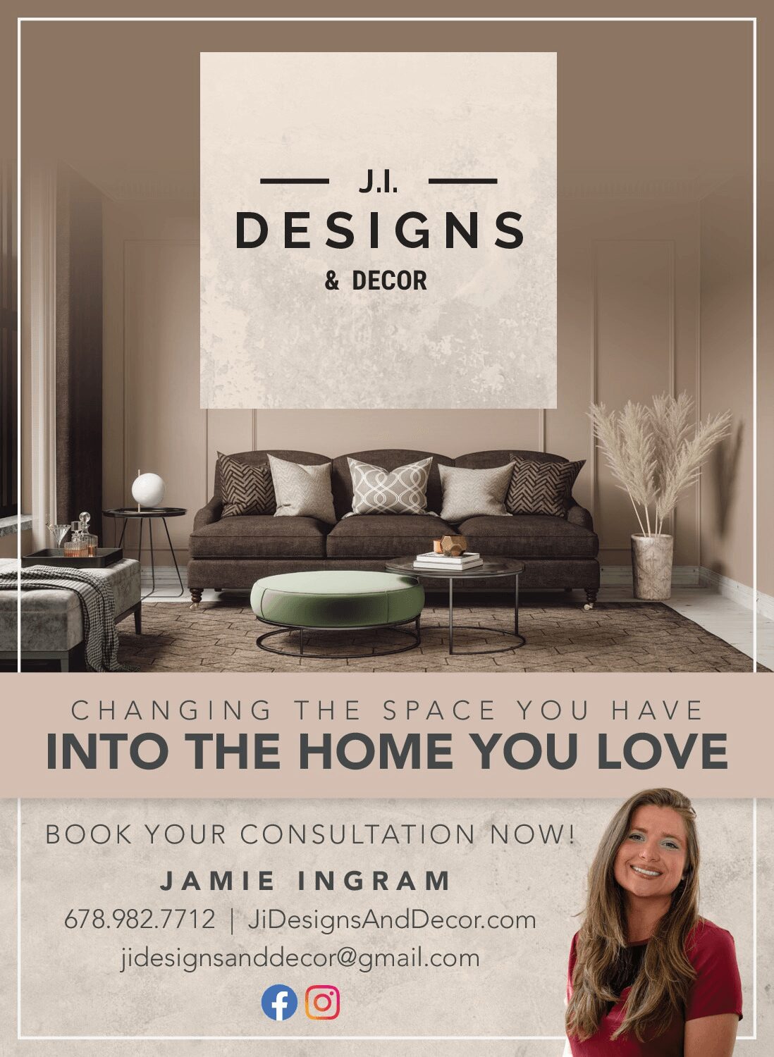 Living room with sofa, coffee table, and decorative plants, and a large wall sign reading 'J.I. Designs & Decor'.