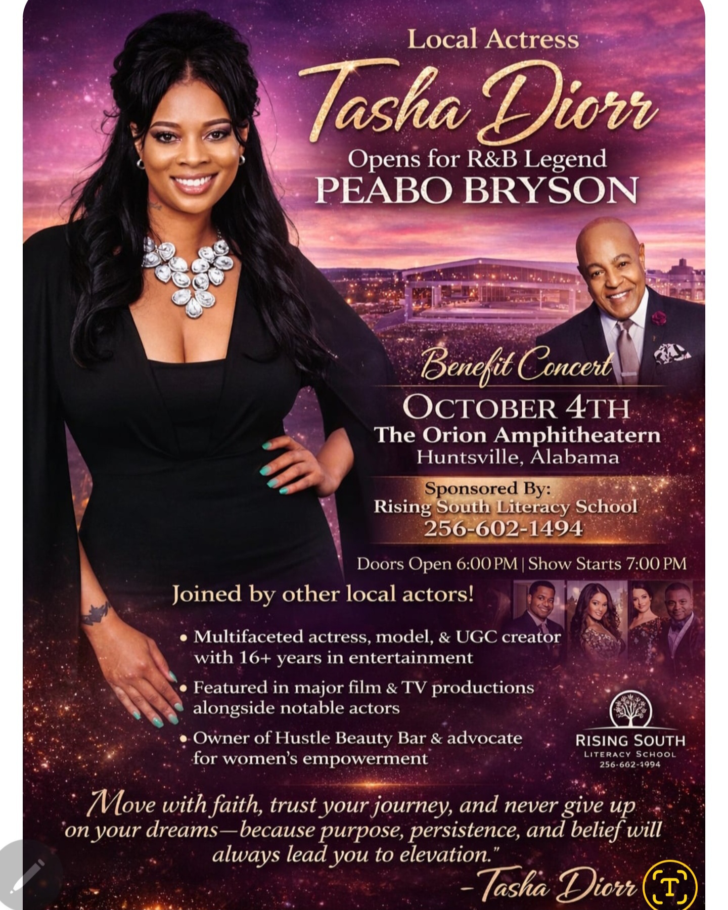 Promotional poster featuring Tasha Diorr and Peabo Bryson for a benefit concert on October 4th at The Orion Amphitheater.