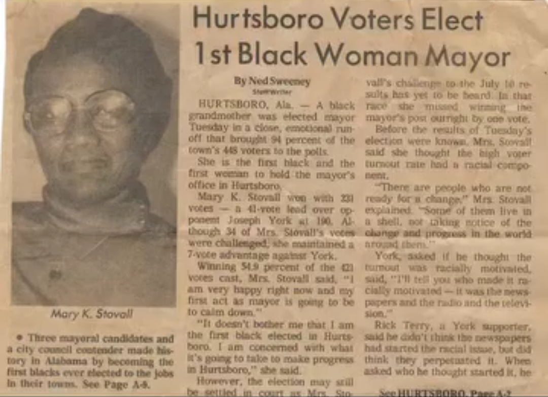 Article about Hurtsboro voters electing first Black woman mayor, with a photo of a woman and text about the election.