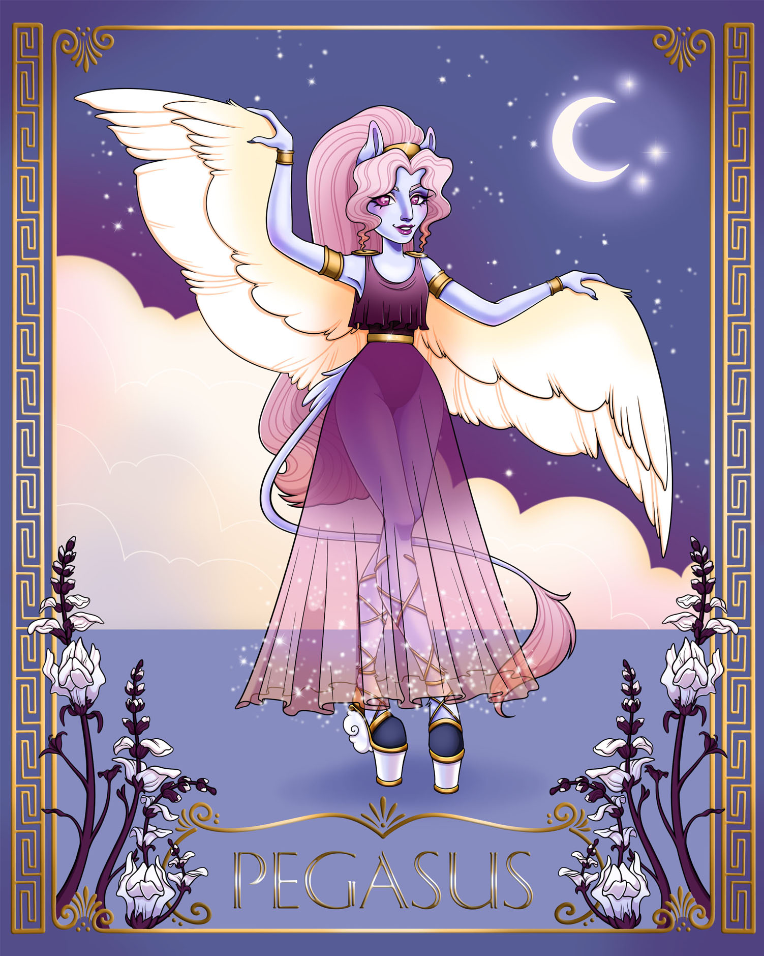 A winged female figure with pink hair and a purple dress floats above water under a night sky with a crescent moon, surrounded by flowers.
