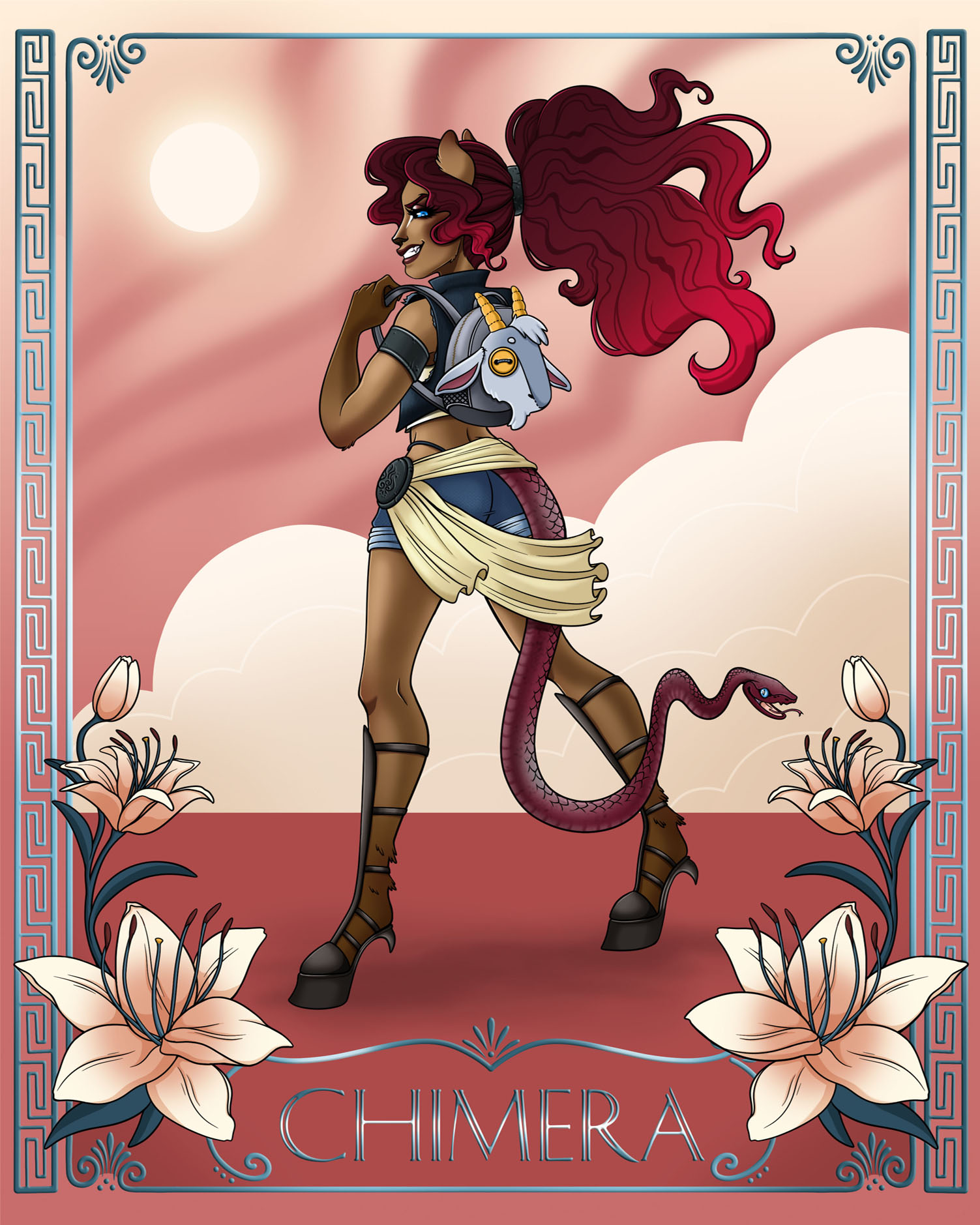 A fantasy character with long red hair, animal ears, and a tail, standing outdoors with flowers and a sun in the background.