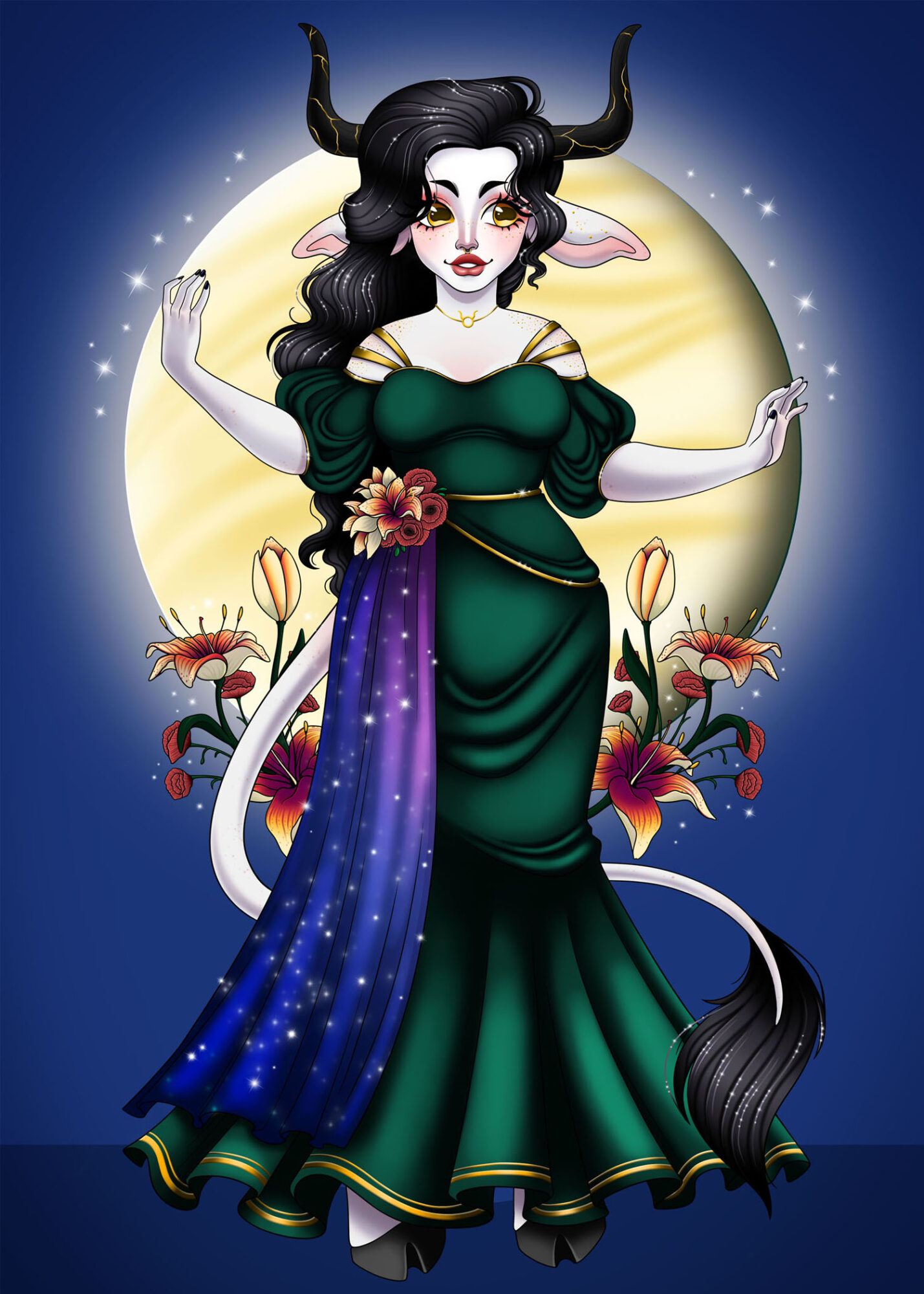 Mythical female figure with horns, long black hair, and pointed ears, wearing a green dress with a starry blue sash, standing in front of a full moon with flowers around her.