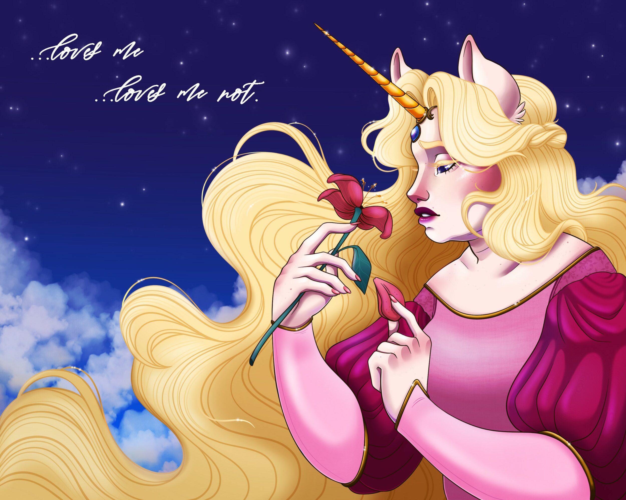 Unicorn girl with long blonde hair, holding a rose, against a starry night sky, with handwritten text. Word count: 20.
