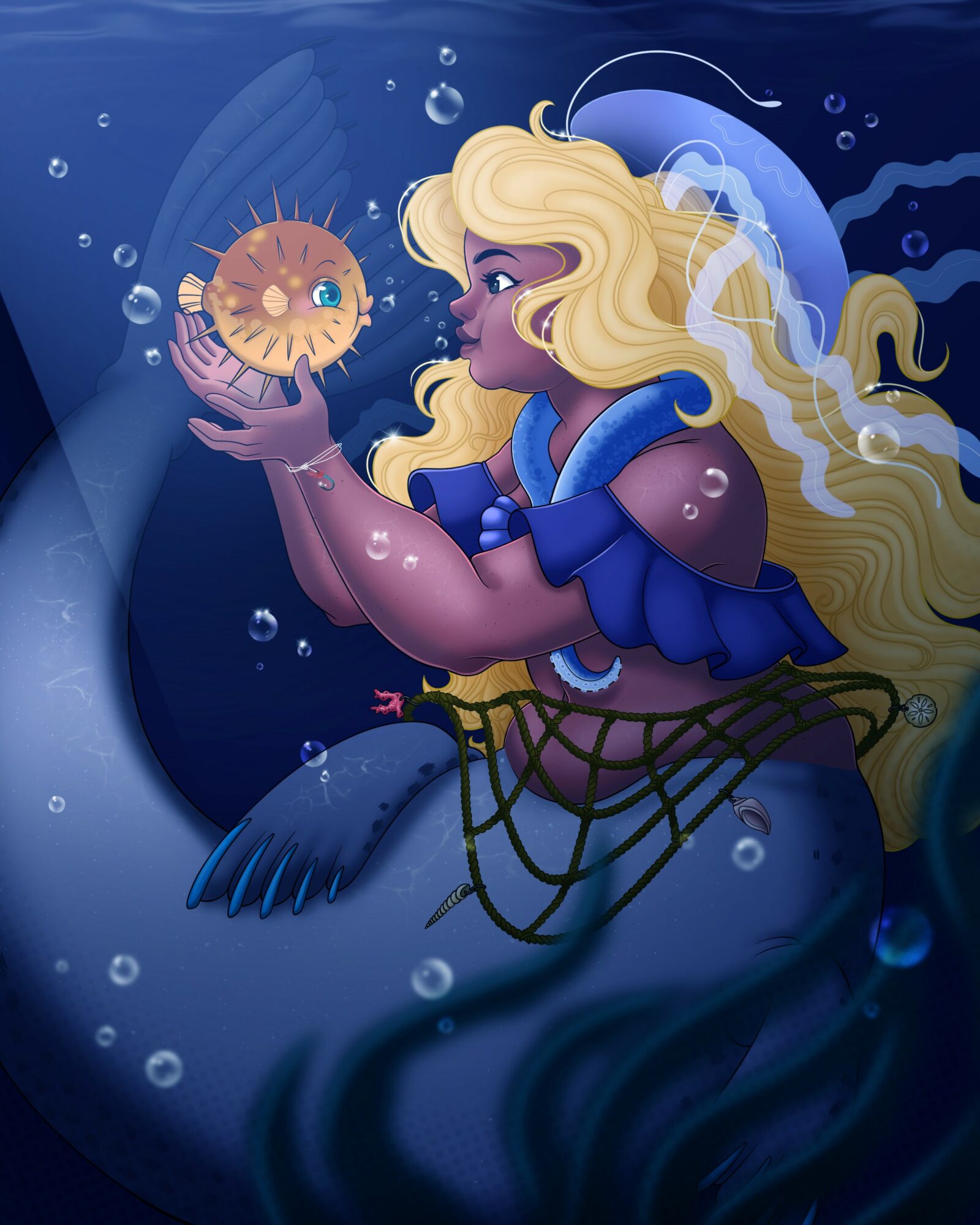 A mermaid with long blonde hair in a blue outfit holds a floating sea creature underwater, surrounded by bubbles.