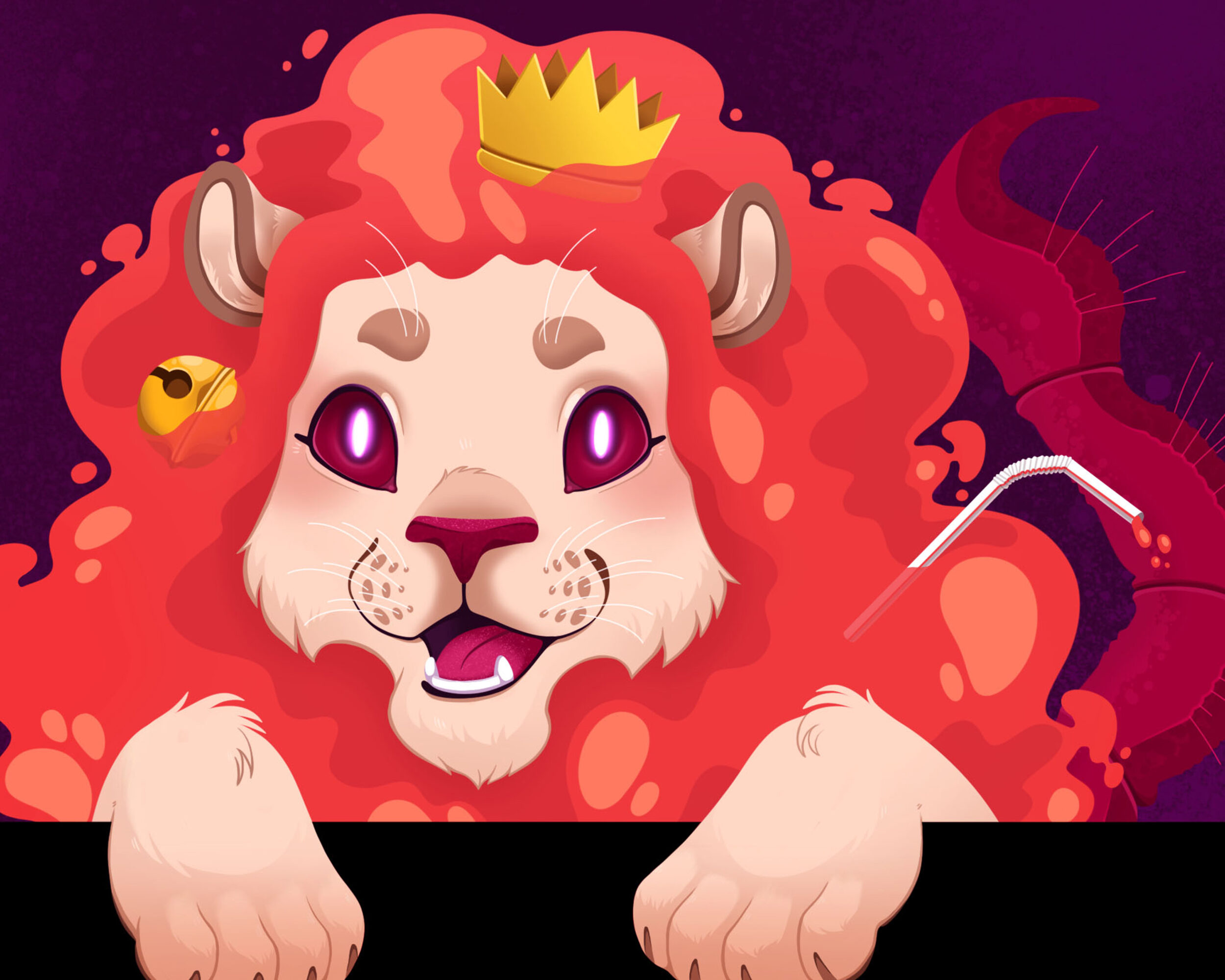 A cartoon lion with a crown, pink eyes, and a friendly expression, peeking over a black surface.
