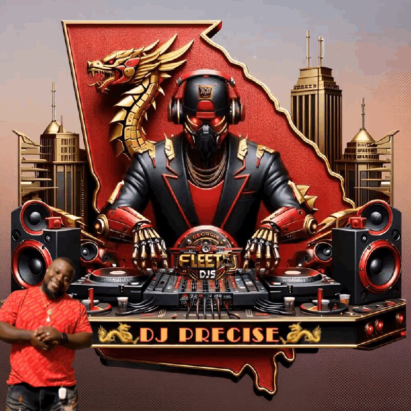 A DJ with headphones stands behind a DJ setup with speakers, in front of a city skyline and a dragon emblem.