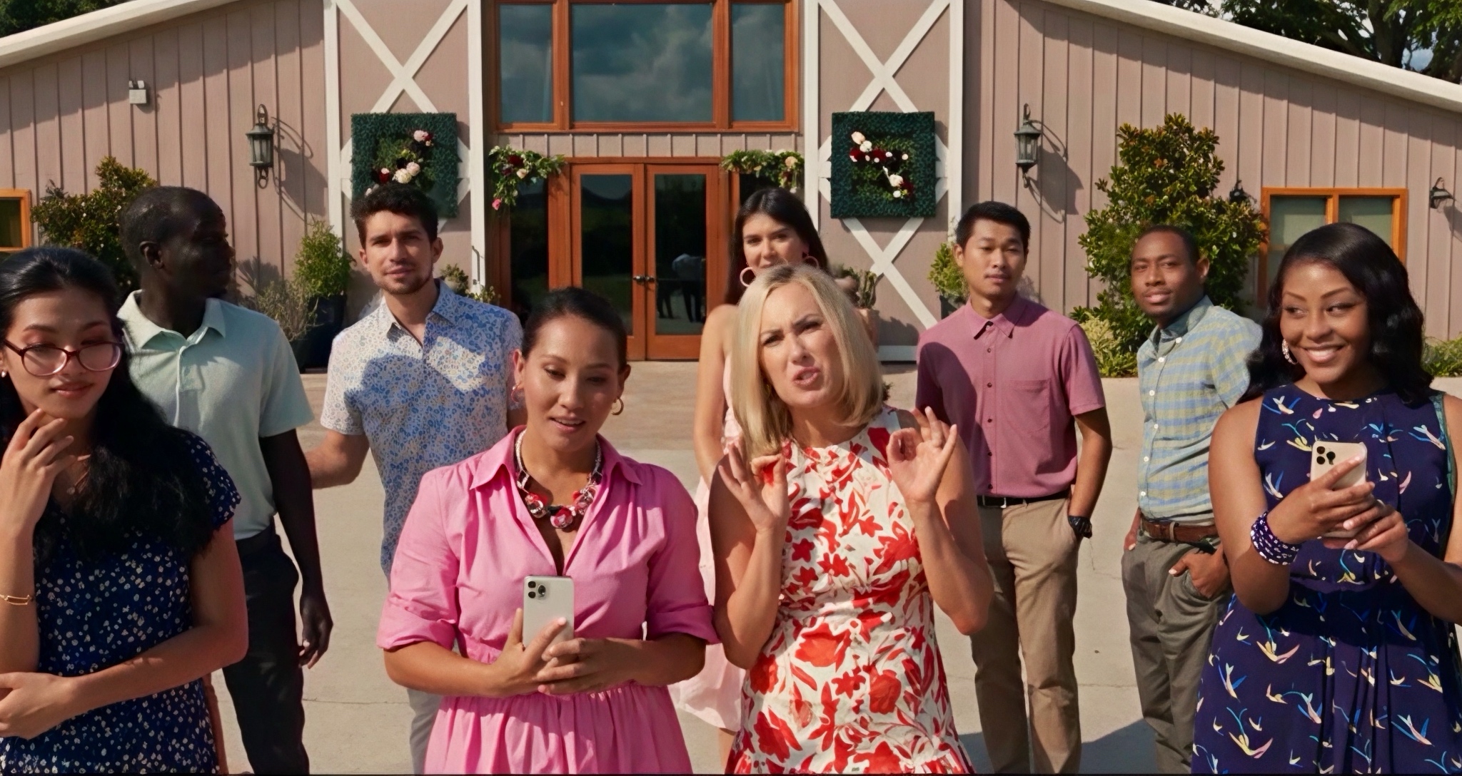 Group of people standing outside a building with large windows and decorated with wreaths, some holding phones, smiling.