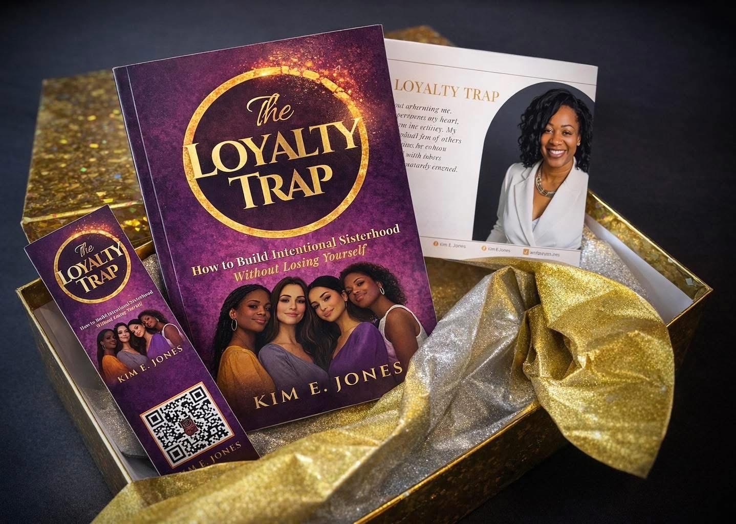 Book titled 'The Loyalty Trap' with a group of women on the cover, surrounded by gold and silver wrapping paper.