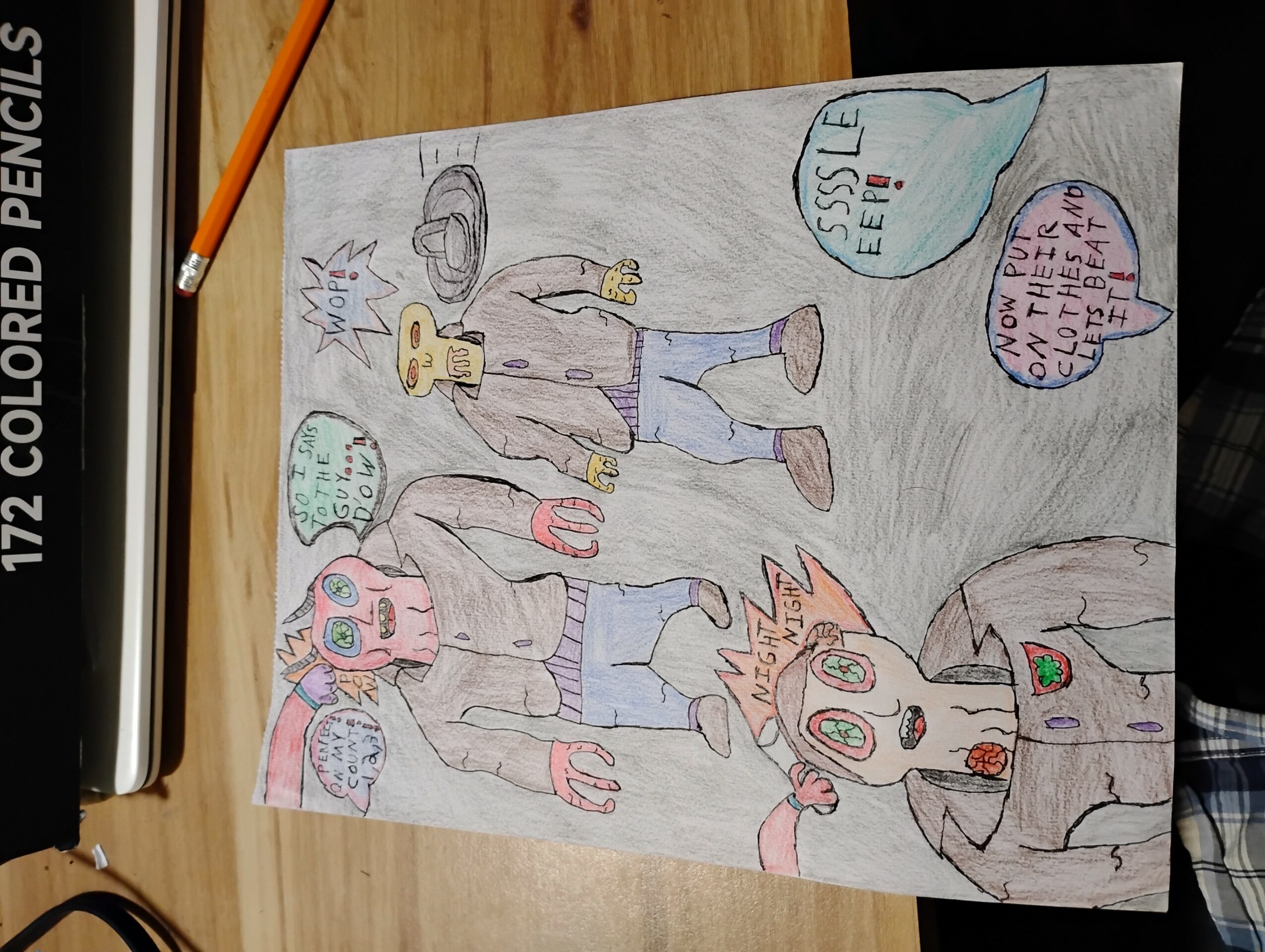 Colorful drawing of three ponies and a unicorn with speech bubbles and a bag labeled 'ESEE'.