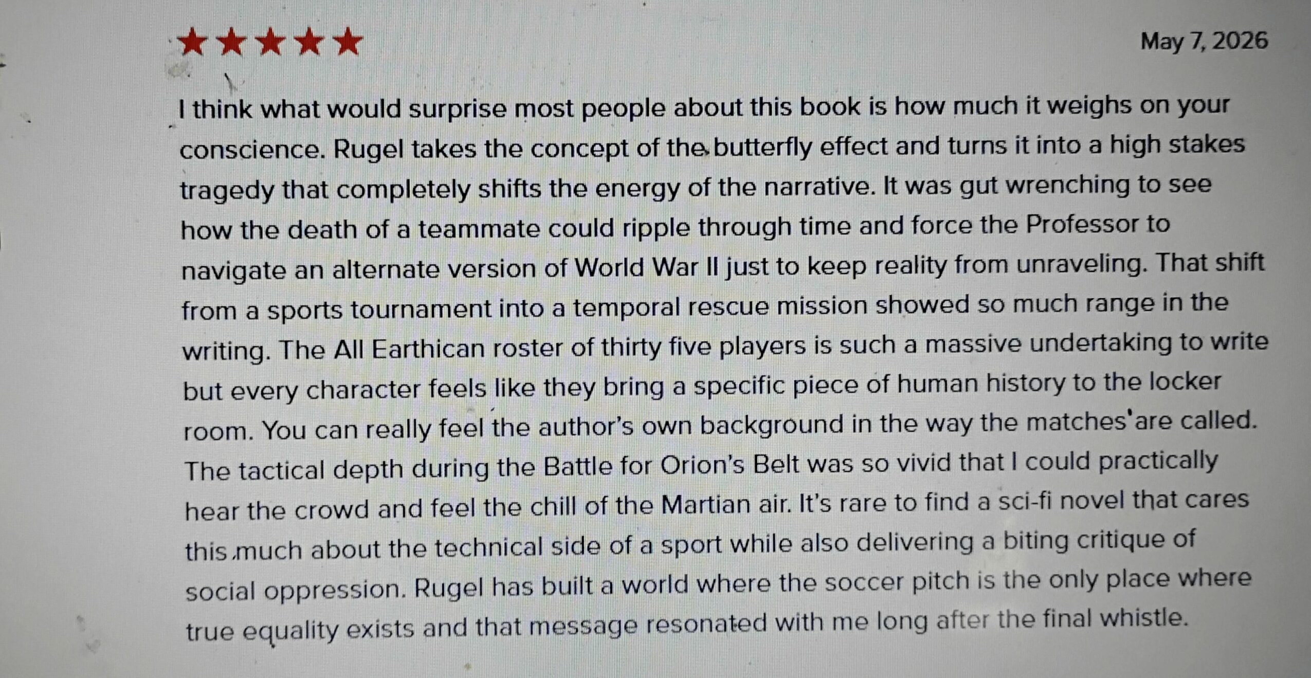 Text excerpt with a five-star rating, date, and a paragraph about a book and its themes.