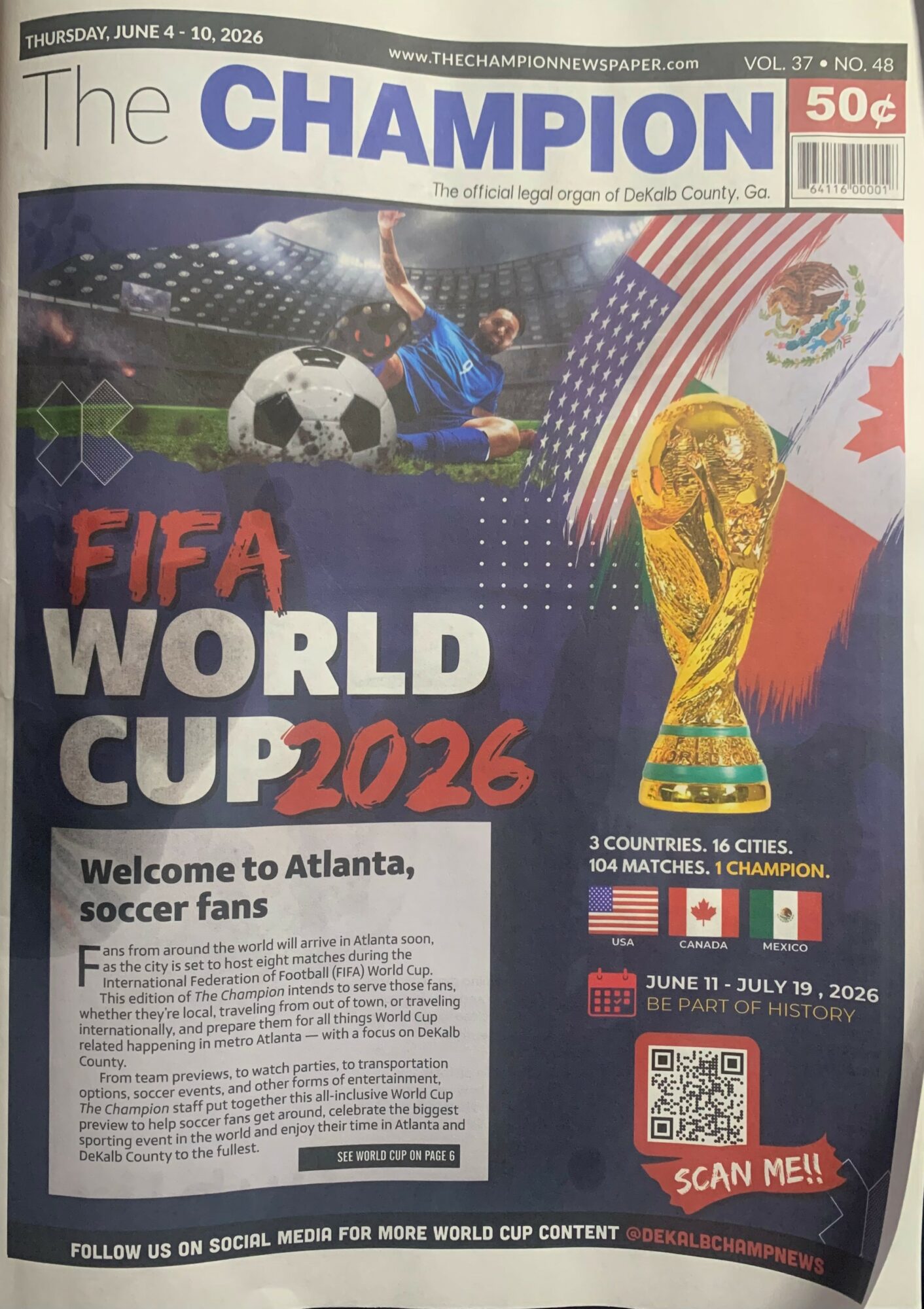 Cover of The Champion newspaper featuring FIFA World Cup 2026, soccer player, trophy, flags, and event details.
