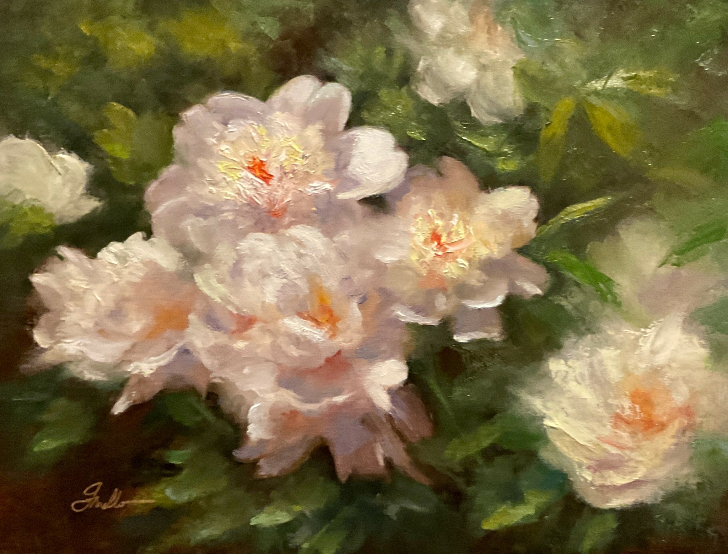 Cluster of white and pink flowers with green leaves in a painting style.