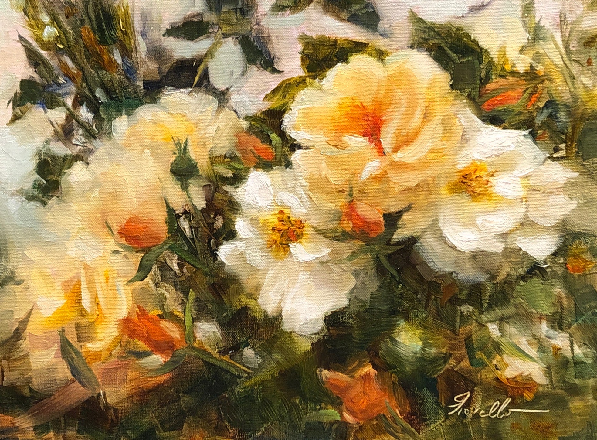 Close-up of white and peach flowers with green leaves, painted in an impressionistic style.