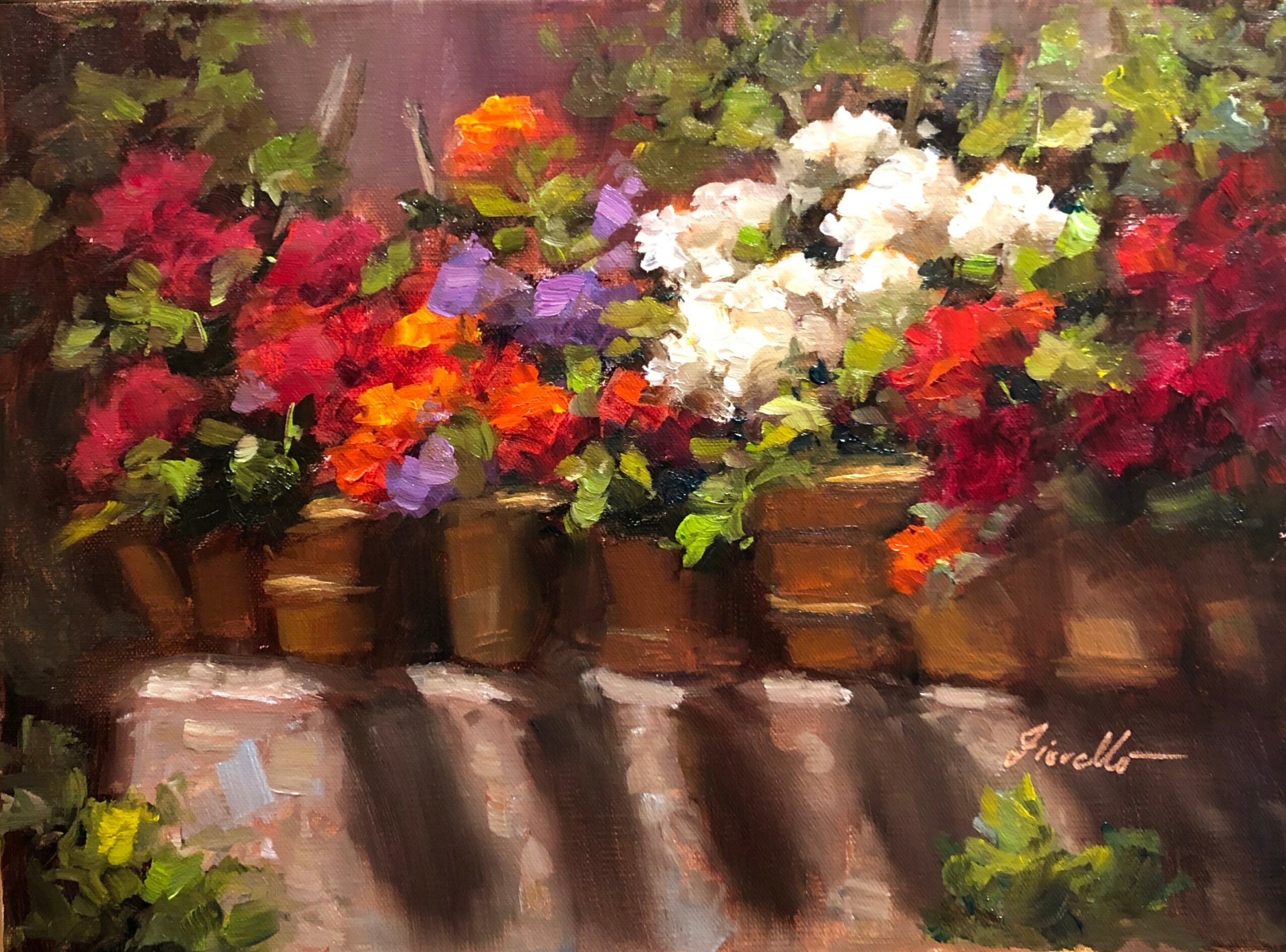 Colorful flowers in pots on a ledge with shadows below, painted in an impressionistic style.