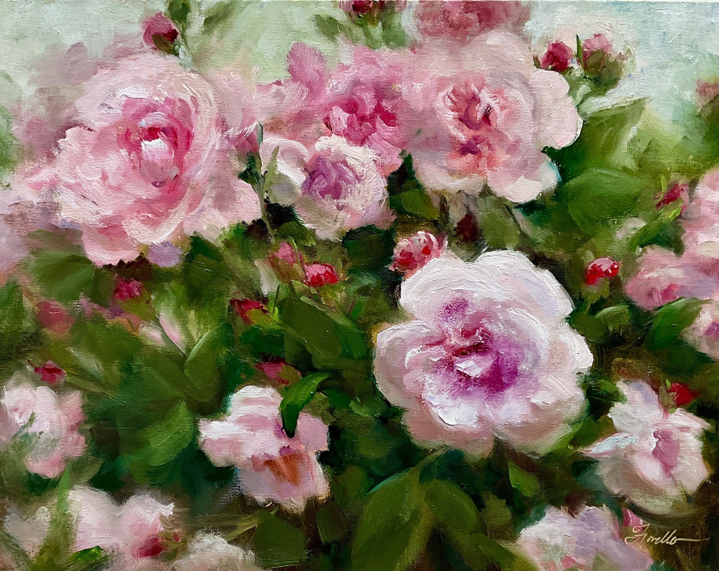 Cluster of pink and white flowers with green leaves, painted in a soft, impressionistic style.