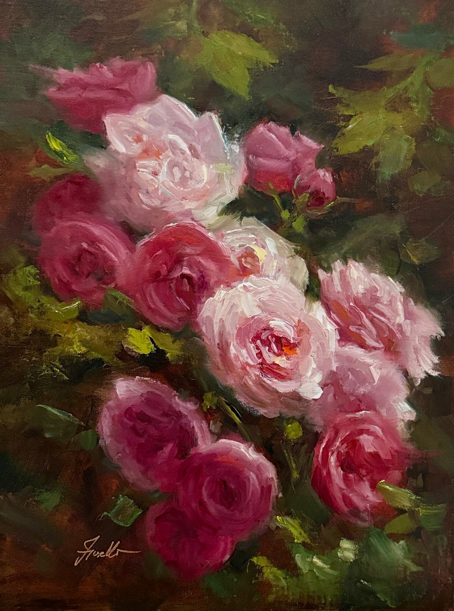 A painting of pink and white roses with green leaves, arranged in a bouquet, in an impressionistic style.