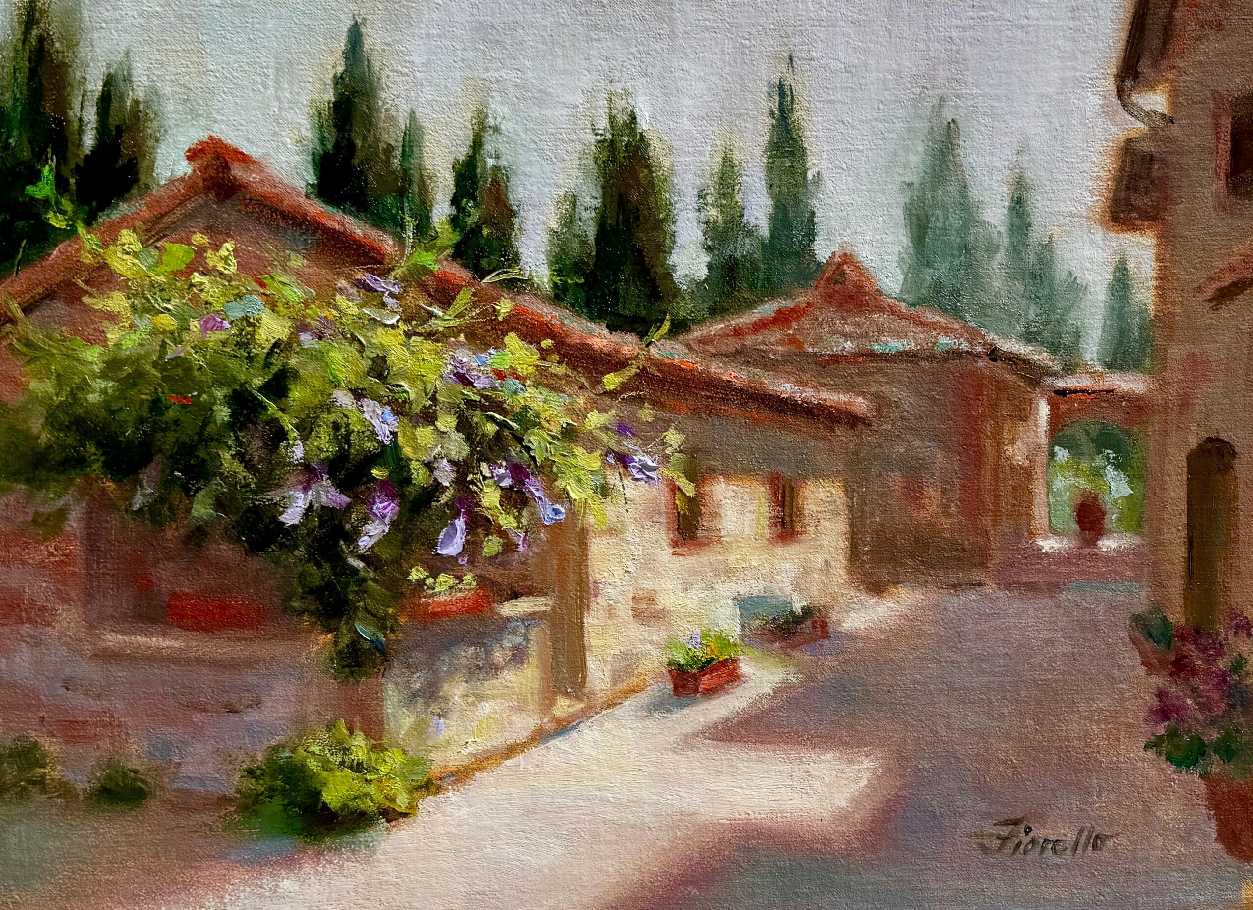 Painting of a street with houses, greenery, and flowering plants, with trees in the background.