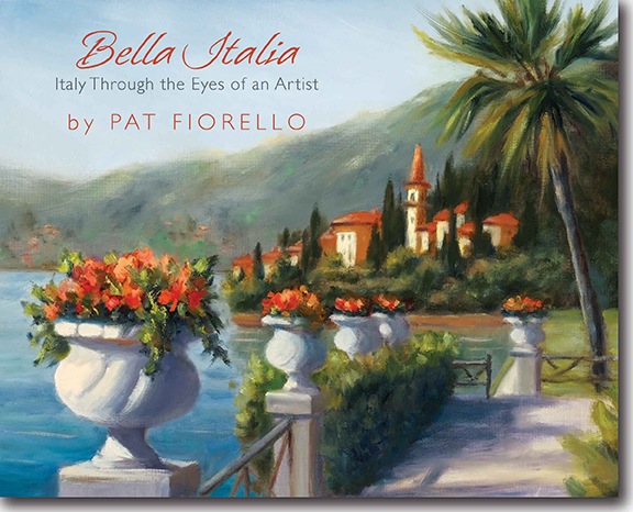 Painting of a lakeside scene with flower pots, a pathway, palm tree, and buildings in the background.