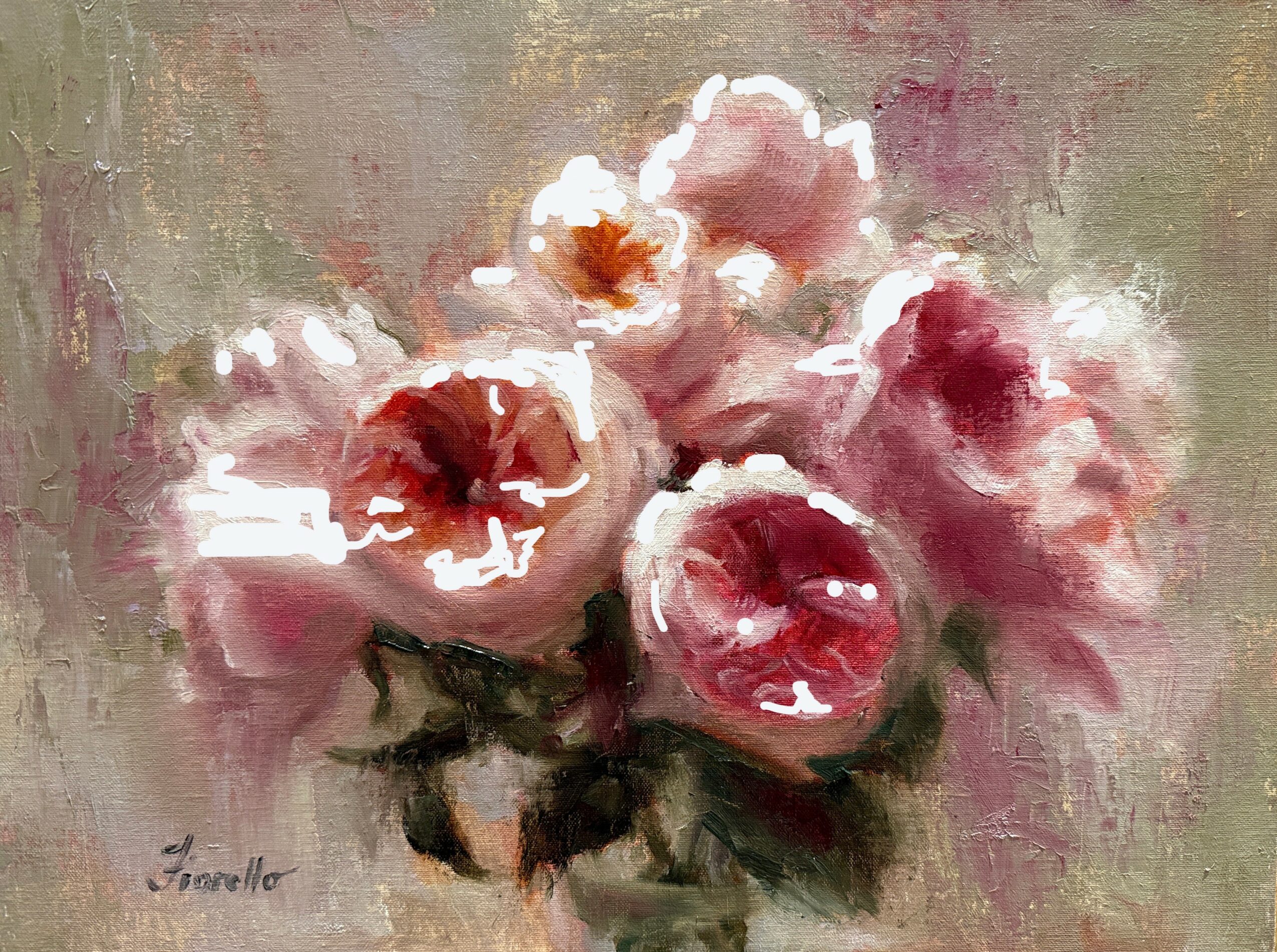 A bouquet of pink and white flowers in a soft, impressionistic style with a muted background.