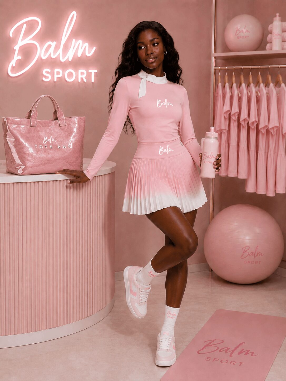 A woman in pink sportswear stands in a pink-themed store with a neon sign, pink bag, and clothing rack.
