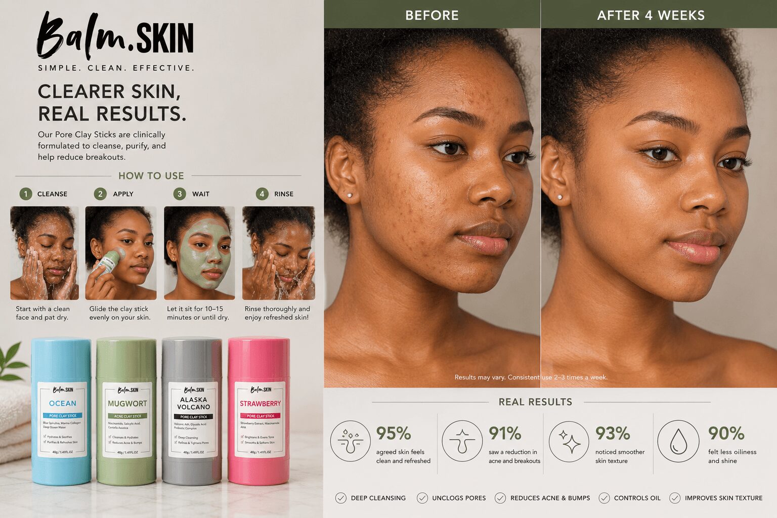 Comparison of a woman's face before and after four weeks of skincare, showing clearer skin. Product bottles displayed below.