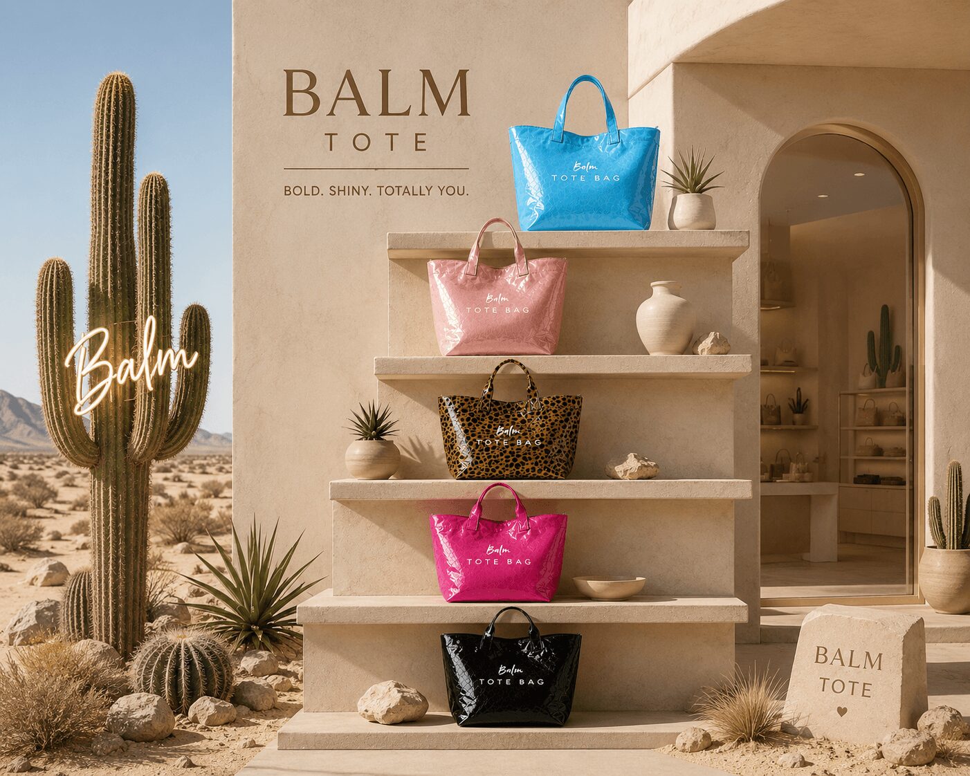 Display of colorful tote bags on shelves outside a building with desert plants nearby.