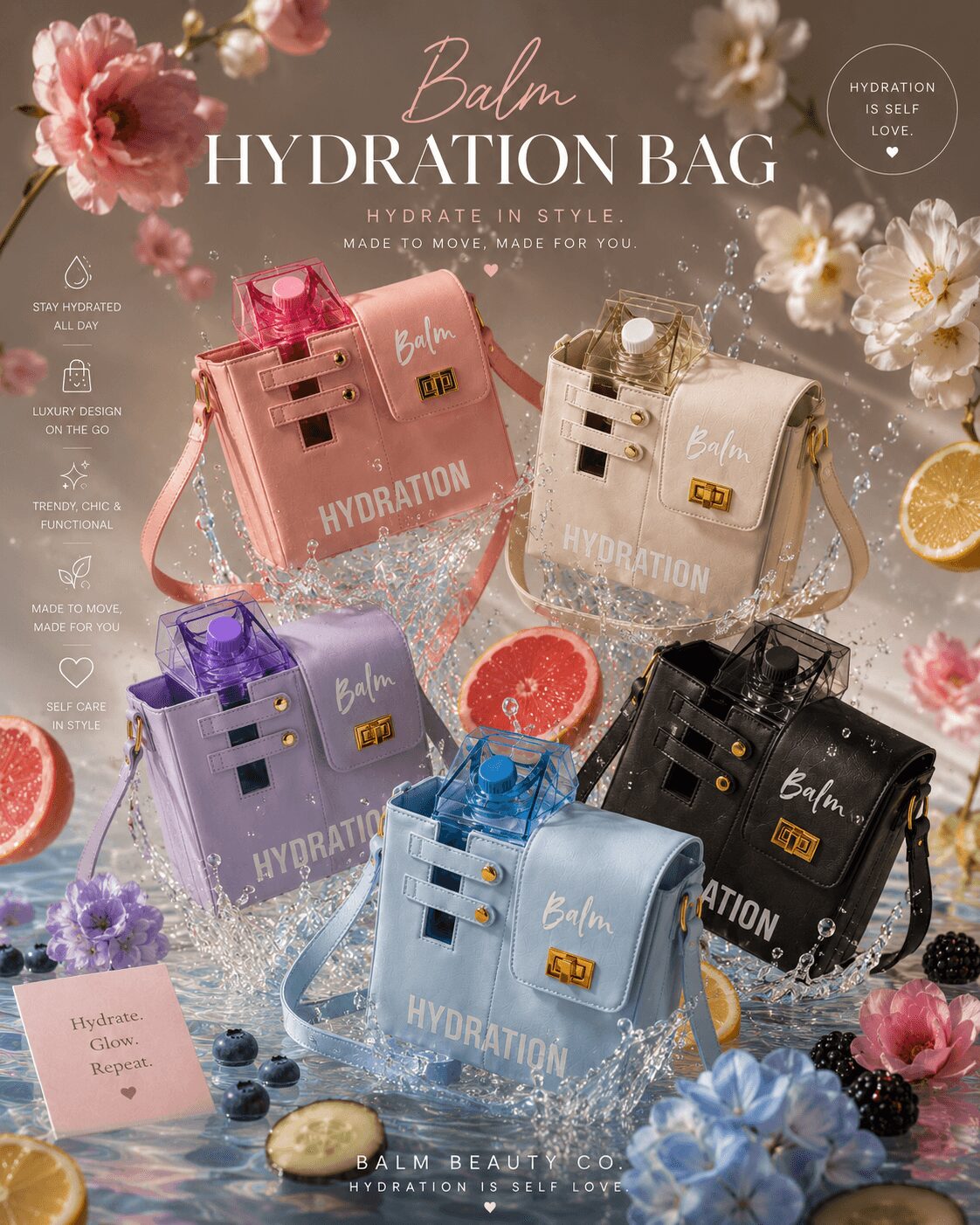 Four colorful hydration bags in pink, white, purple, and black surrounded by flowers and fruits, with text about hydration bags.