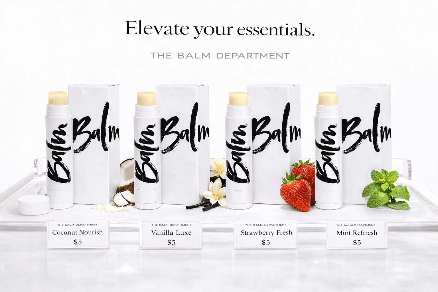 Four skincare products with labels, strawberries, and mint leaves on a white surface, with text above. Word count: 20