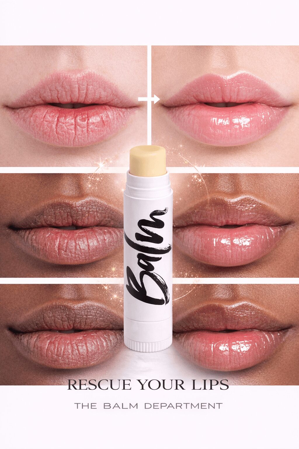 Close-up of lips with different shades of lip balm, with a lip balm tube in the center, showing before and after effects.