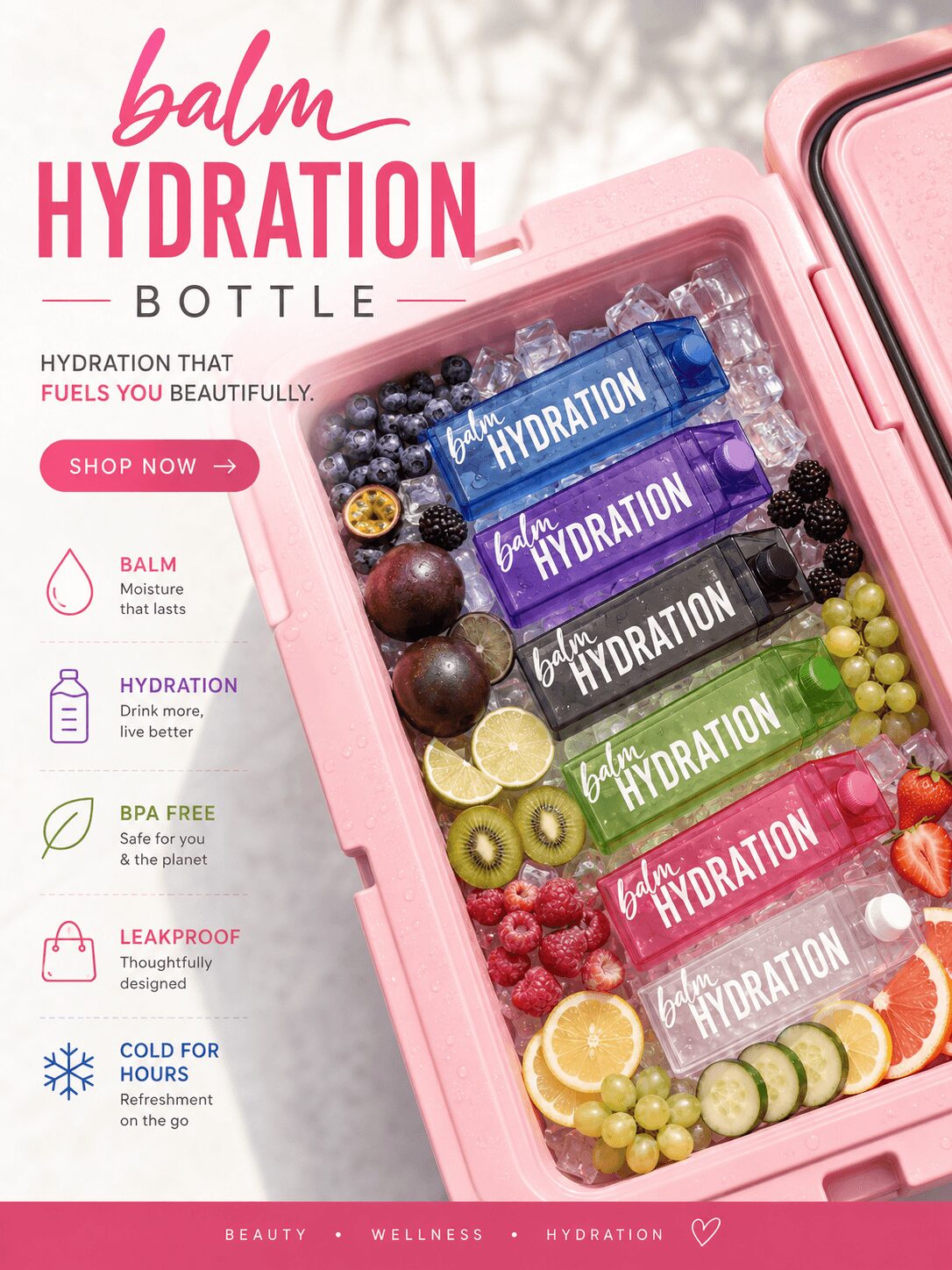 Pink cooler with colorful bottles labeled 'Hydration' and fruit slices inside, promoting hydration products.