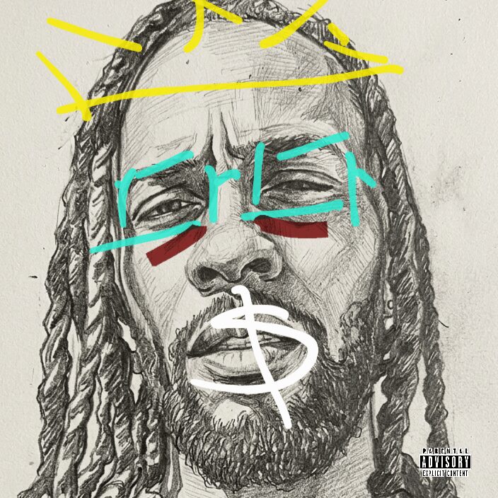Sketch of a person's face with added colorful lines and markings, including yellow, blue, red, and white. The person has dreadlocks and facial hair.