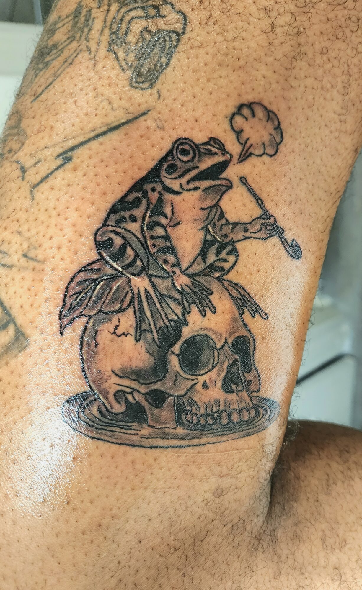 Tattoo of a frog sitting on a skull, smoking a cigar, with a leaf in its hand, in black ink.