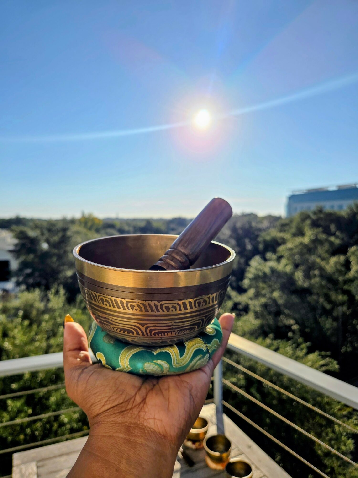 Person holding a decorated bowl and pestle outdoors with trees and a building in the background, under a bright sun.